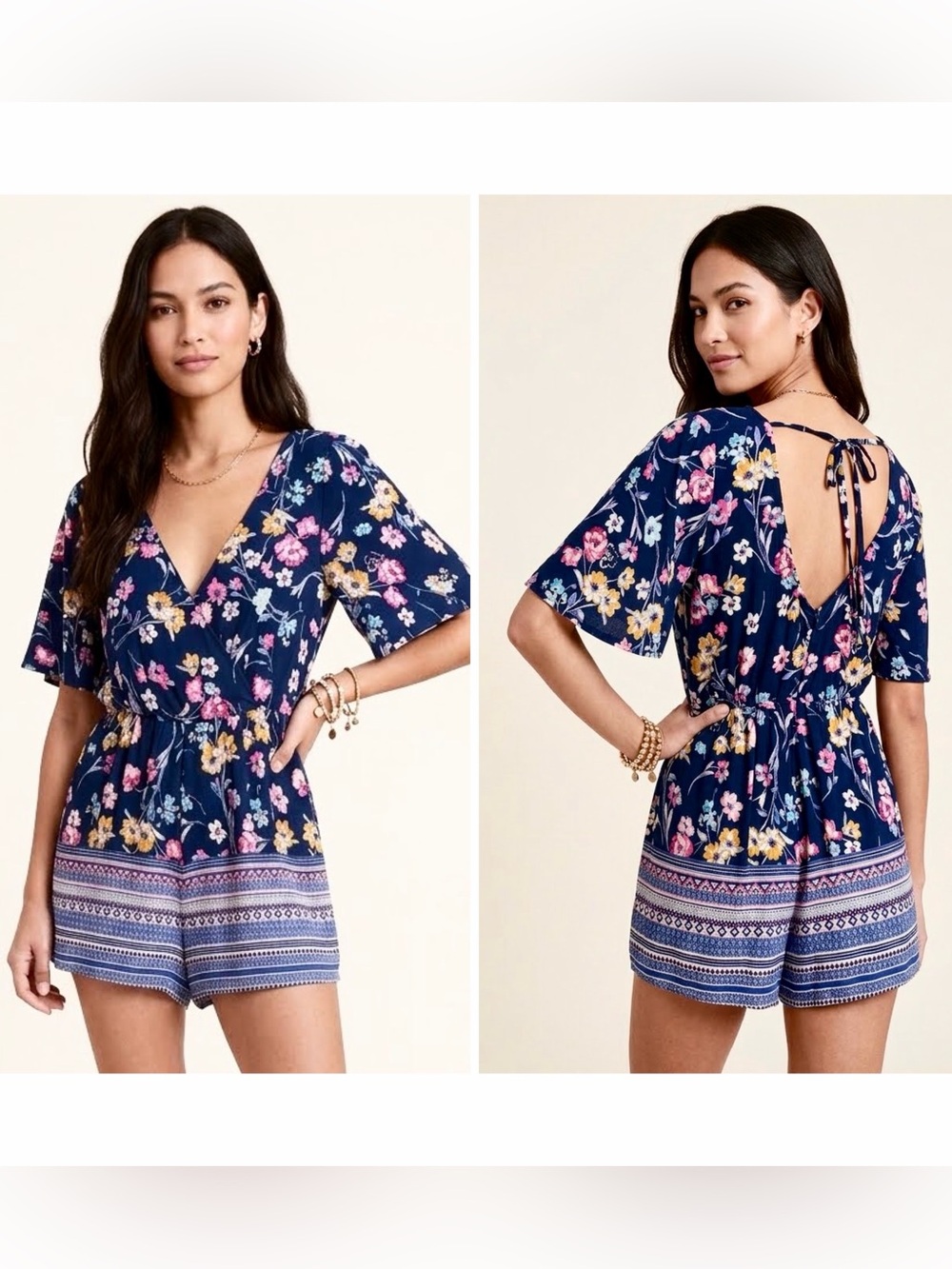 Blue Rain Navy Blue Multicolor Floral Short Sleeve V-Neck Romper w/Tie Back